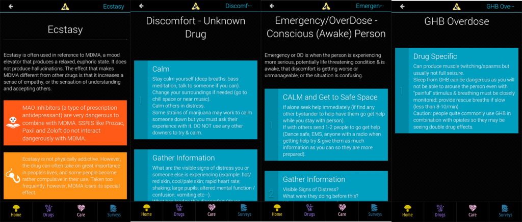 Dancesafe App - Drugs Overdoses Info Screens